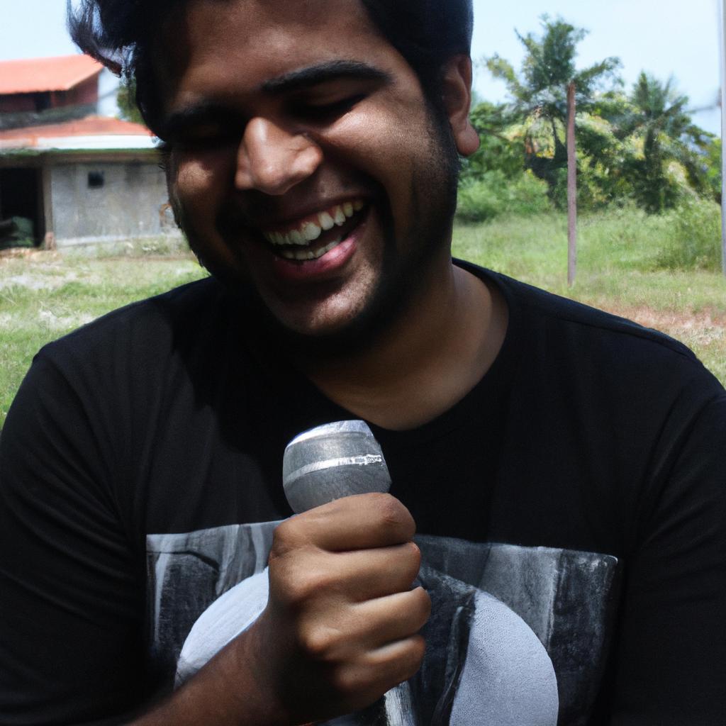 Person laughing while holding microphone