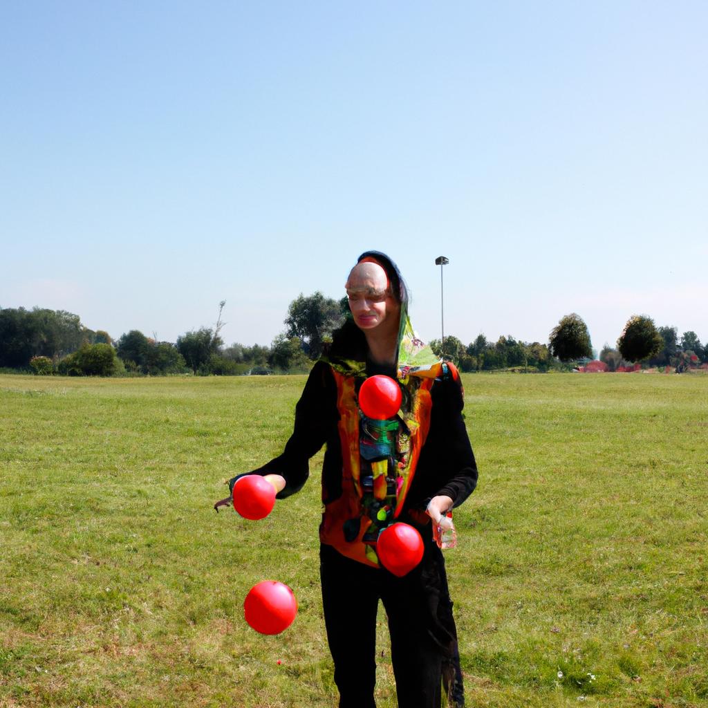 Person wearing clown costume juggling